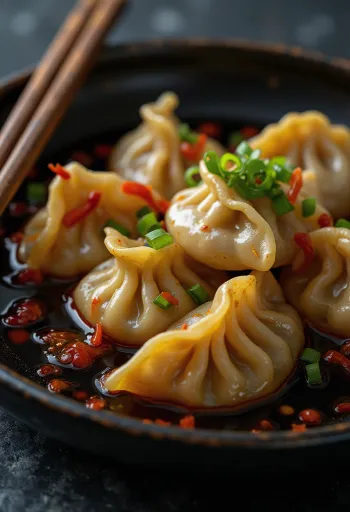 Beyaz porselen tabakta servis edilmiş acı biber yağında Çin mantısı (jiaozi)