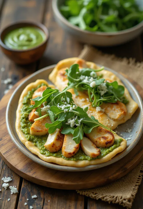 Roka ve pestolu tavuklu piadina servisi