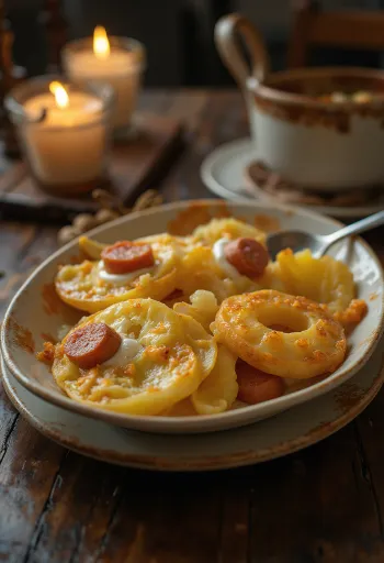 Sosis ve yumurta ile katmanlanmış, üzeri ekşi kremalı fırında patates.