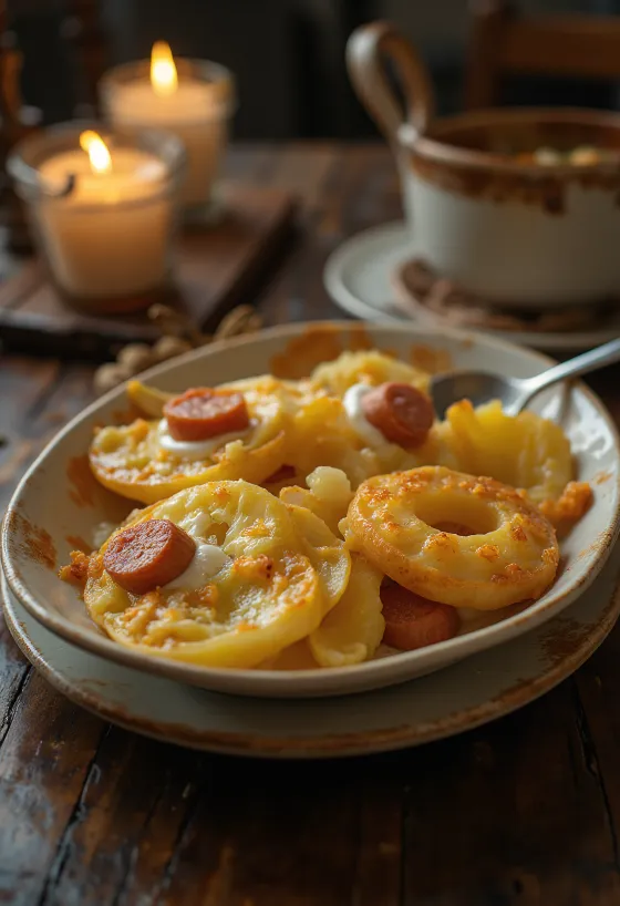 Sosis ve yumurta ile katmanlanmış, üzeri ekşi kremalı fırında patates.