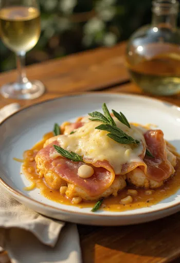 Parmesan peyniri, parma jambonu ve ada çayı ile dana Saltimbocca, beyaz şarap sosu ile servis edilmiş