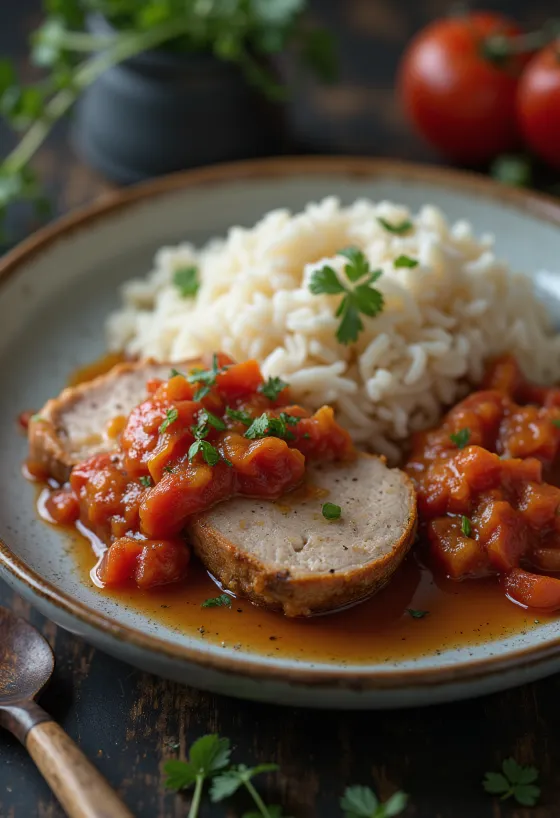 Leço ve pilav eşliğinde domuz boyun servis edilmiş