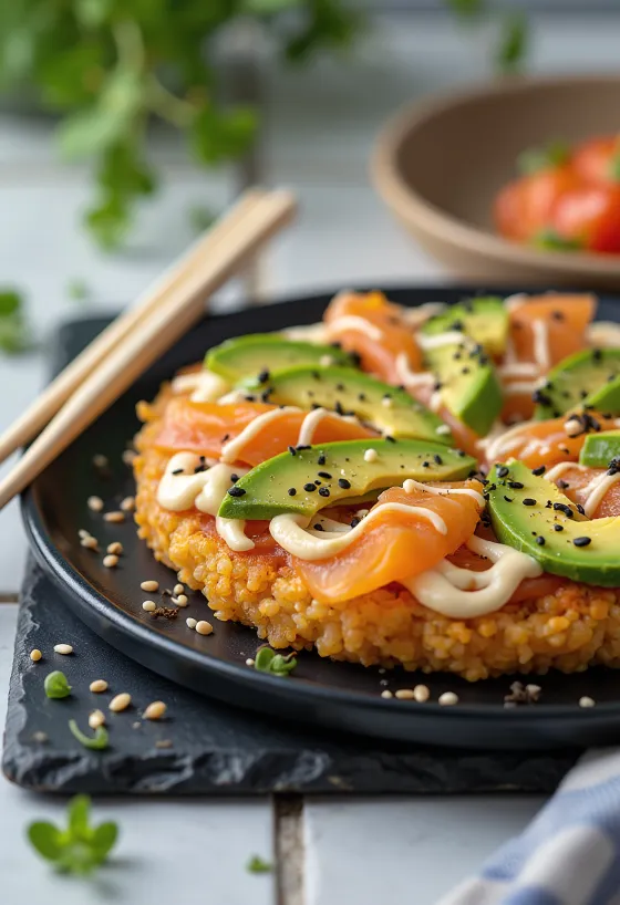 Japon pirinç tabanlı, somonlu ve avokadolu Sushi Pizza