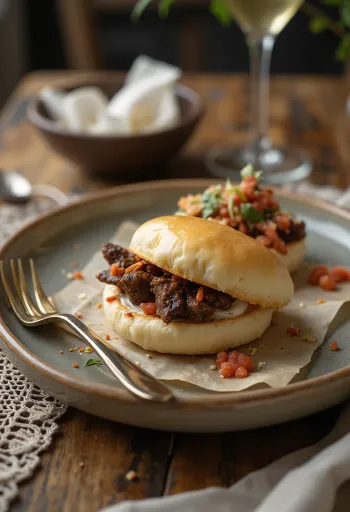 Buharda pişmiş, fırında dana etli bao ekmekleri, sade sunum