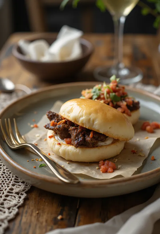 Buharda pişmiş, fırında dana etli bao ekmekleri, sade sunum