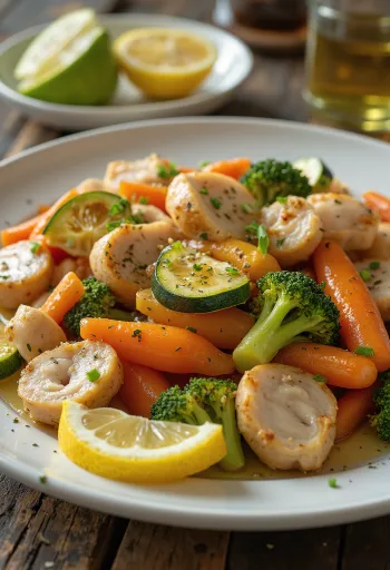 Brokoli, havuç ve kabak ile servis edilen sebzeli hindi göğüs