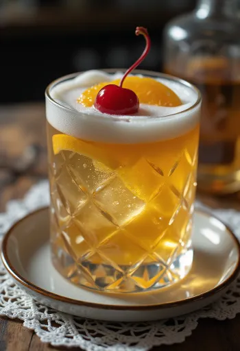 Portakal dilimi ve kokteyl kirazı ile süslenmiş Whisky Sour kokteyli