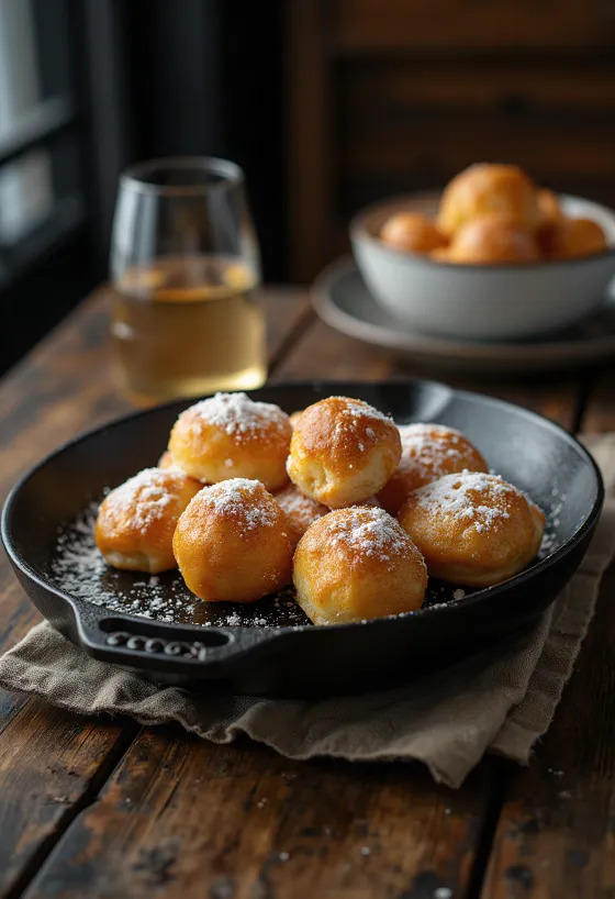 Pudra şekeri serpilmiş Æbleskiver Danimarka küre lokması