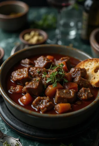 Taze ekmekle servis edilen kırmızı şarap soslu dana güveç