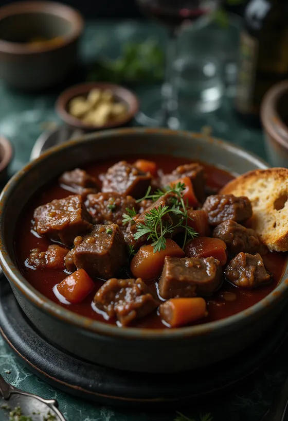 Taze ekmekle servis edilen kırmızı şarap soslu dana güveç