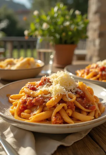 Sulu domates sosu ve taze fesleğenle servis edilen patlıcanlı makarna