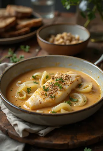 Taze maydanozla süslenmiş pırasalı balık yahnisi servisi