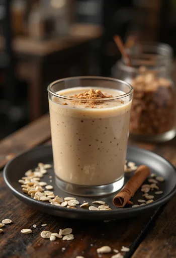 Uzun bardakta, yulaf ezmesi ve tarçınla süslenmiş yulaflı smoothie