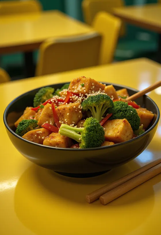 Taze kişnişli sebzeli tofu wok servisi
