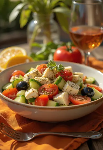 Kızarmış tofu küpleri ile Yunan salatası