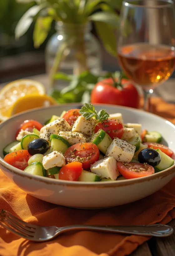 Kızarmış tofu küpleri ile Yunan salatası