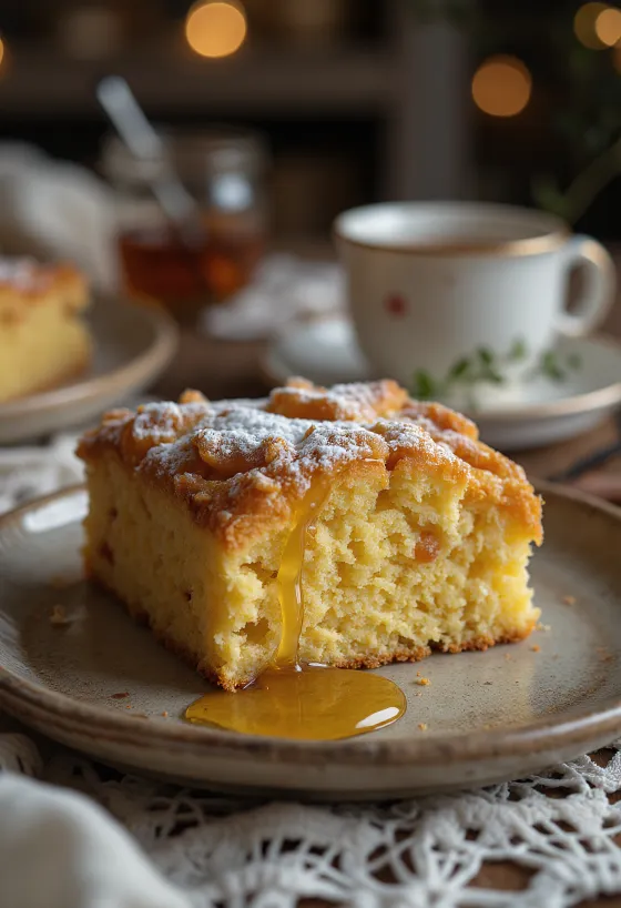 Altın rengi, yumuşak dokulu zencefilli kek, pudra şekeri serpilmiş.