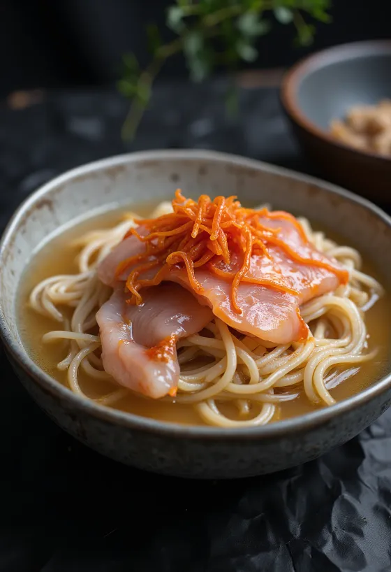 Kore usulü soğuk erişte hoe naengmyeon, üzerinde çiğ balık ve salatalık dilimleri