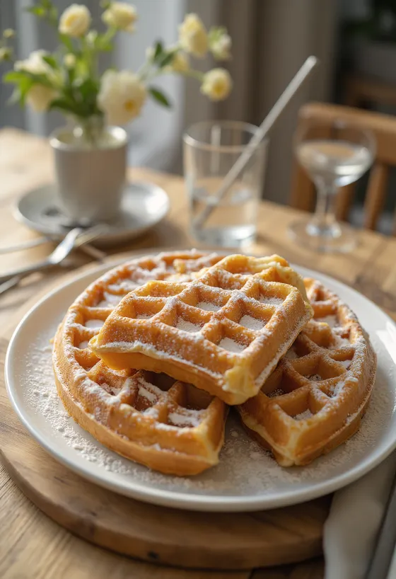 Pudra şekeri ile servis edilmiş klasik Belçika waffle