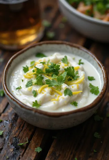 Izgara balığın yanında servis edilmiş Hindistan cevizli misket limonu sosu