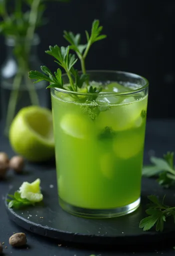 Uzun bardakta, taze kereviz sapları ve meyvelerle süslenmiş Kereviz sapı suyu