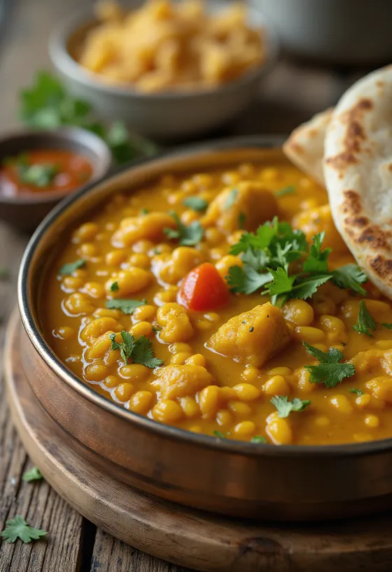 Kızarmış mercimekli Dal Fry, zengin baharatlarla servis edilmiş