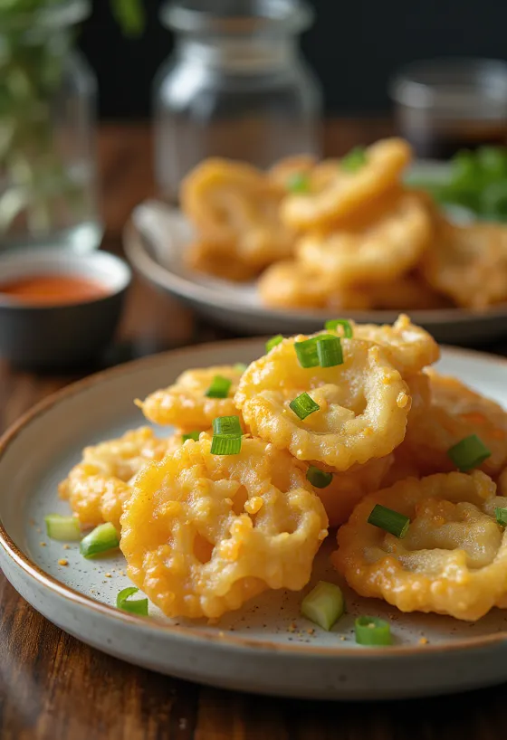 Sarımsaklı kakiage, çıtır hamur, taze kişniş ve susam ile servis edilmiş