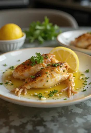 Taze maydanoz ve limon ile servis edilen Sarımsaklı tereyağlı kurbağa bacağı.