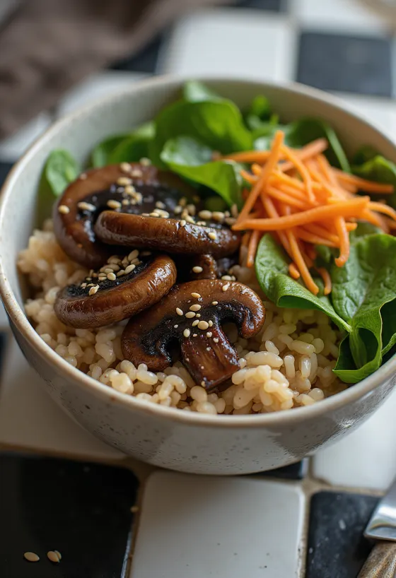 Servis edilmiş mantarlı vegan Buddha kasesi