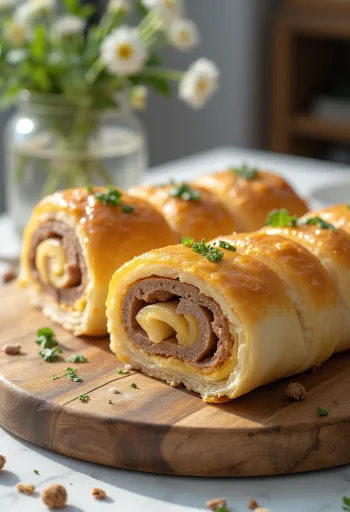 Altın renginde pişmiş kıymalı rulo börek, taze sebzeler ve sos ile servis edilmiş.