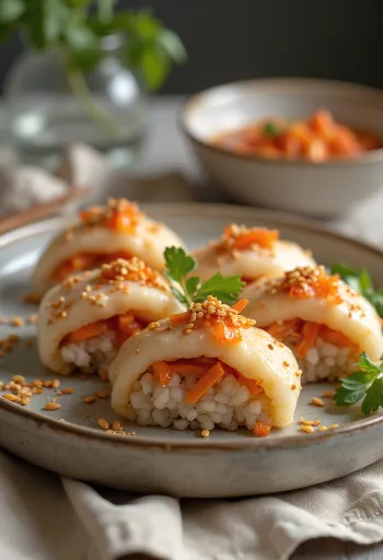 Kimchili Inarizushi, susam serpilmiş zengin ve baharatlı Japon yemeği