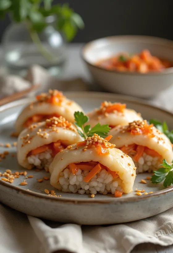 Kimchili Inarizushi, susam serpilmiş zengin ve baharatlı Japon yemeği