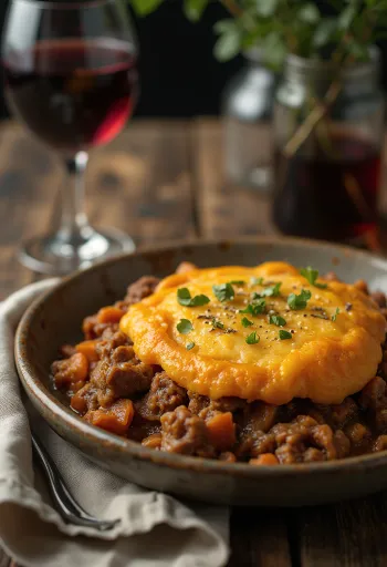 Tatlı patatesli Shepherd’s pie, üzerinde püre tatlı patates ile servis edilmiş