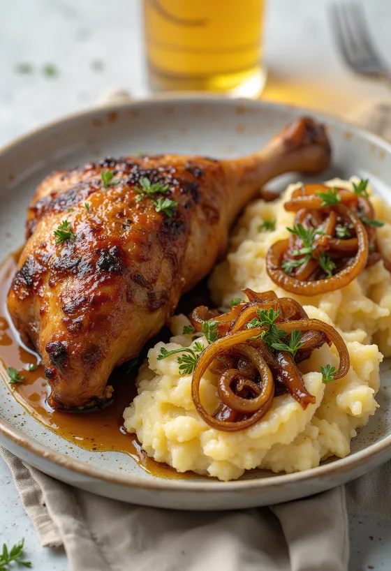 Soğanlı patates püresi ile servis edilen fırın ördek