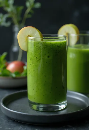 Uzun bardakta, taze sebze ve meyvelerle süslenmiş Yeşil smoothie