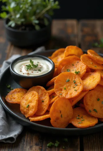 Baharatlı soslu tatlı patates cipsi servisi
