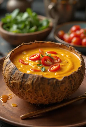 Bir kasede taze kişniş ve şili dilimleri ile Baharatlı chili hindistan cevizi sütü sosu.