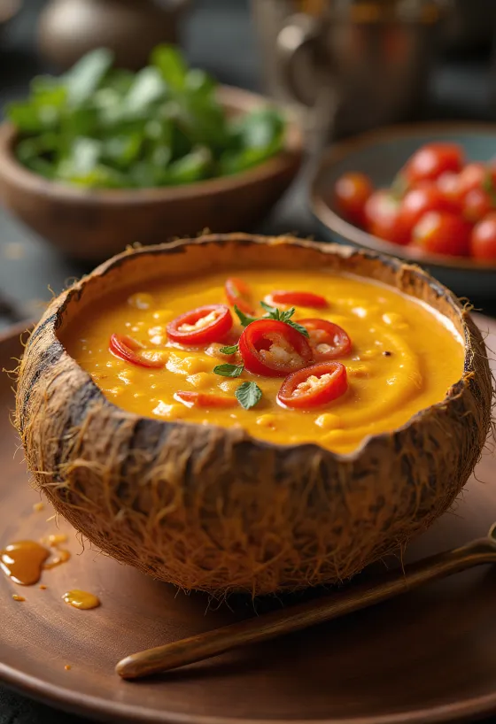 Bir kasede taze kişniş ve şili dilimleri ile Baharatlı chili hindistan cevizi sütü sosu.