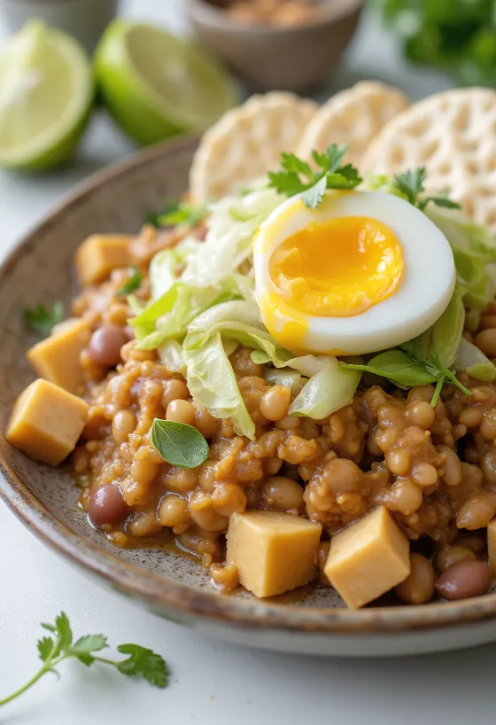 Pirinç krakeri, taze sebzeler, tofu ve yer fıstığı ile servis edilen Gado-gado