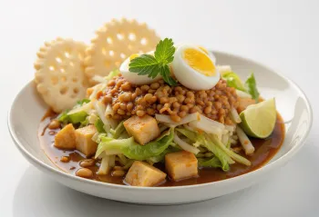 Pirinç krakeri, taze sebzeler, tofu ve yer fıstığı ile servis edilen Gado-gado