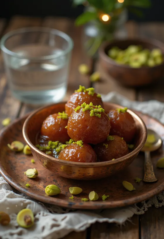 Fıstıklı Gulab Jamun, gül sulu şerbet içinde servis edilmiş.