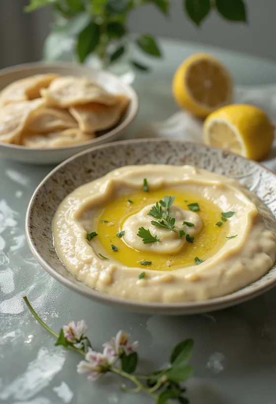 Pita ve ızgara sebzelerle servis edilmiş tahinli limon sosu