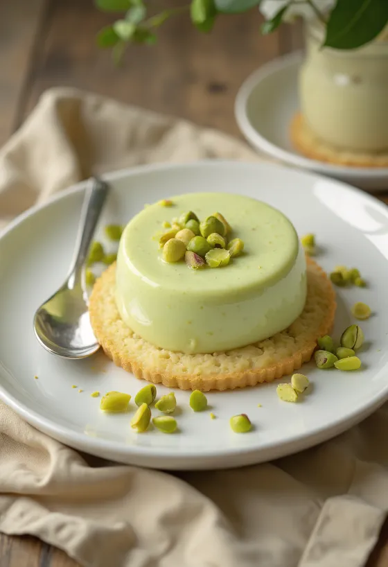 Fıstık kreması ve taze fıstıkla süslenmiş fıstıklı panna cotta pasta