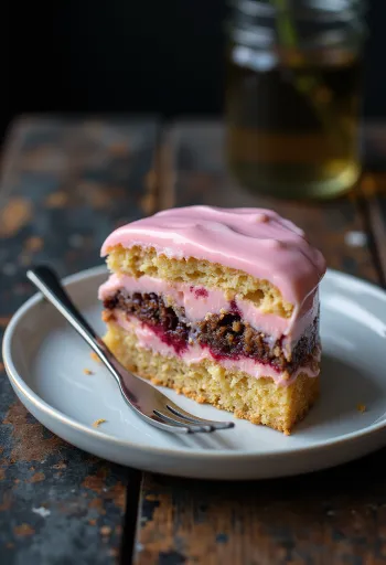Renkli punçlu pasta, pembe glazür ve yumuşak pandispanya katmanlarıyla.