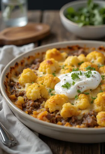 Kıyma ve peynirle servis edilen Karnabahar Graten