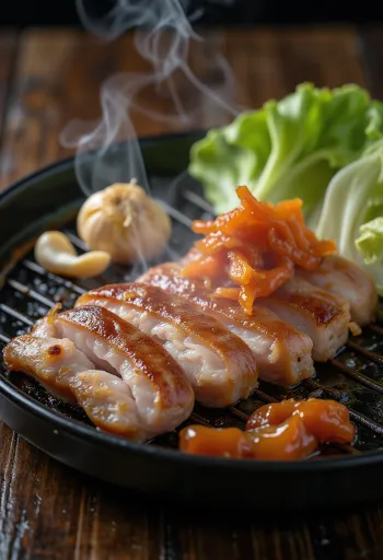 Marul yaprakları ve kimchi ile servis edilen Samgyeopsal