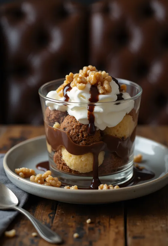 Yumuşak pandispanya, vanilya kreması ve çikolata sosu ile katmanlanmış Somlói galuska