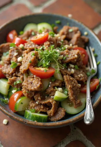 Dana etli Taşkent salatası, taze sebzeler ve kişniş ile