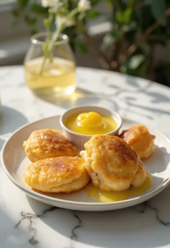 Limon kremalı Æbleskiver, taze ve tombul kürecikler, limonlu sosla süslenmiş