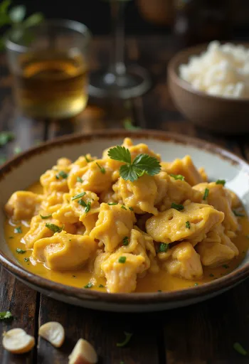 Sarımsaklı Ají de Gallina, sulu tavuk eti ve zengin sos ile servis edilmiş.